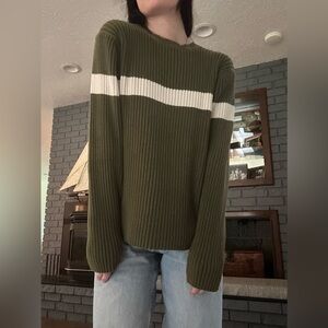GAP Olive Green Ribbed Crewneck Sweater with White Stripe